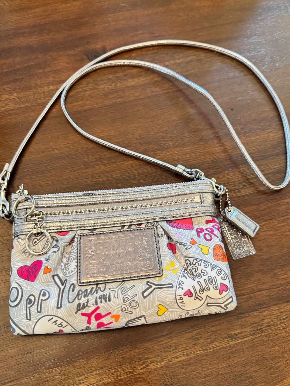 Coach Poppy Silver Graffiti Crossbody Multi Zip Purse with Colorful Hearts